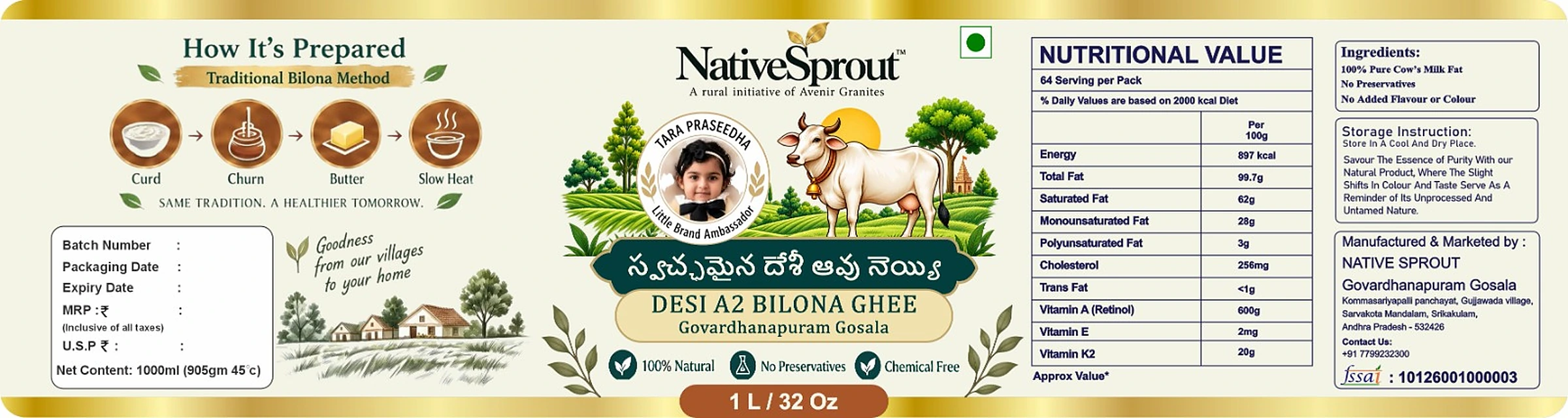 NativeSprout Desi A2 Bilona Ghee label